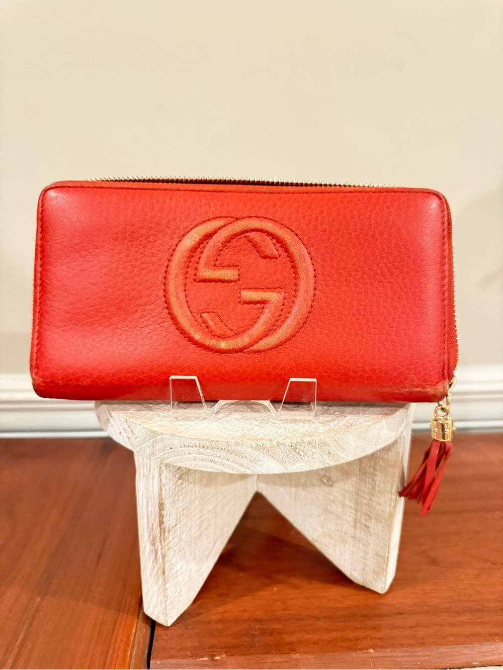 Gucci Red Leather Zip Around Wallet with Tassel